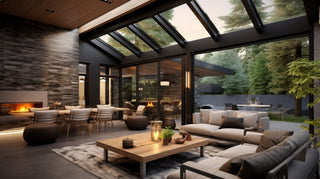 open space living room with large window wall and skylights