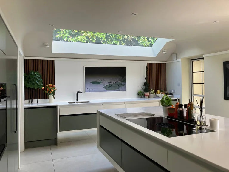 A single frameless rooflight in a completed kitchen renovation